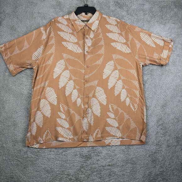Cubavera Mens Shirt Leaf‎ Print Orange- Brown Camp Collar Rayon Button Up XL - Picture 1 of 8